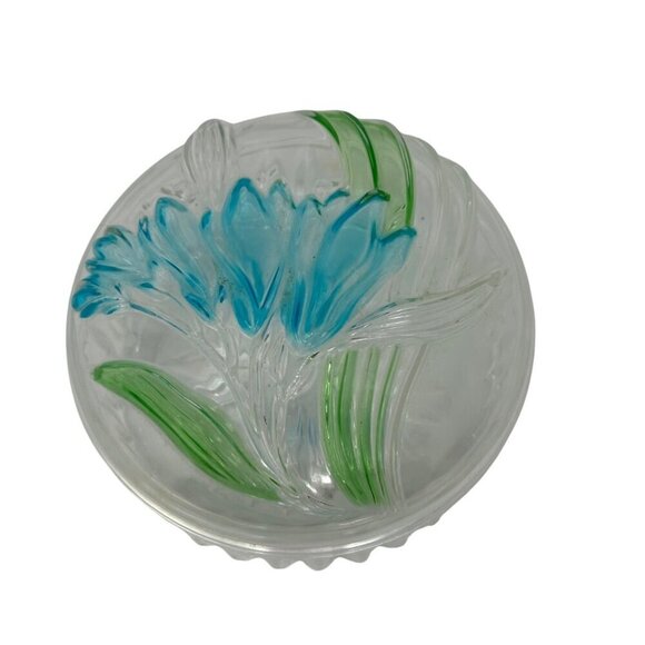 Vintage Clear Lucite Plastic Powder Box Blue Green Floral Starburst Ribbed - Picture 2 of 9